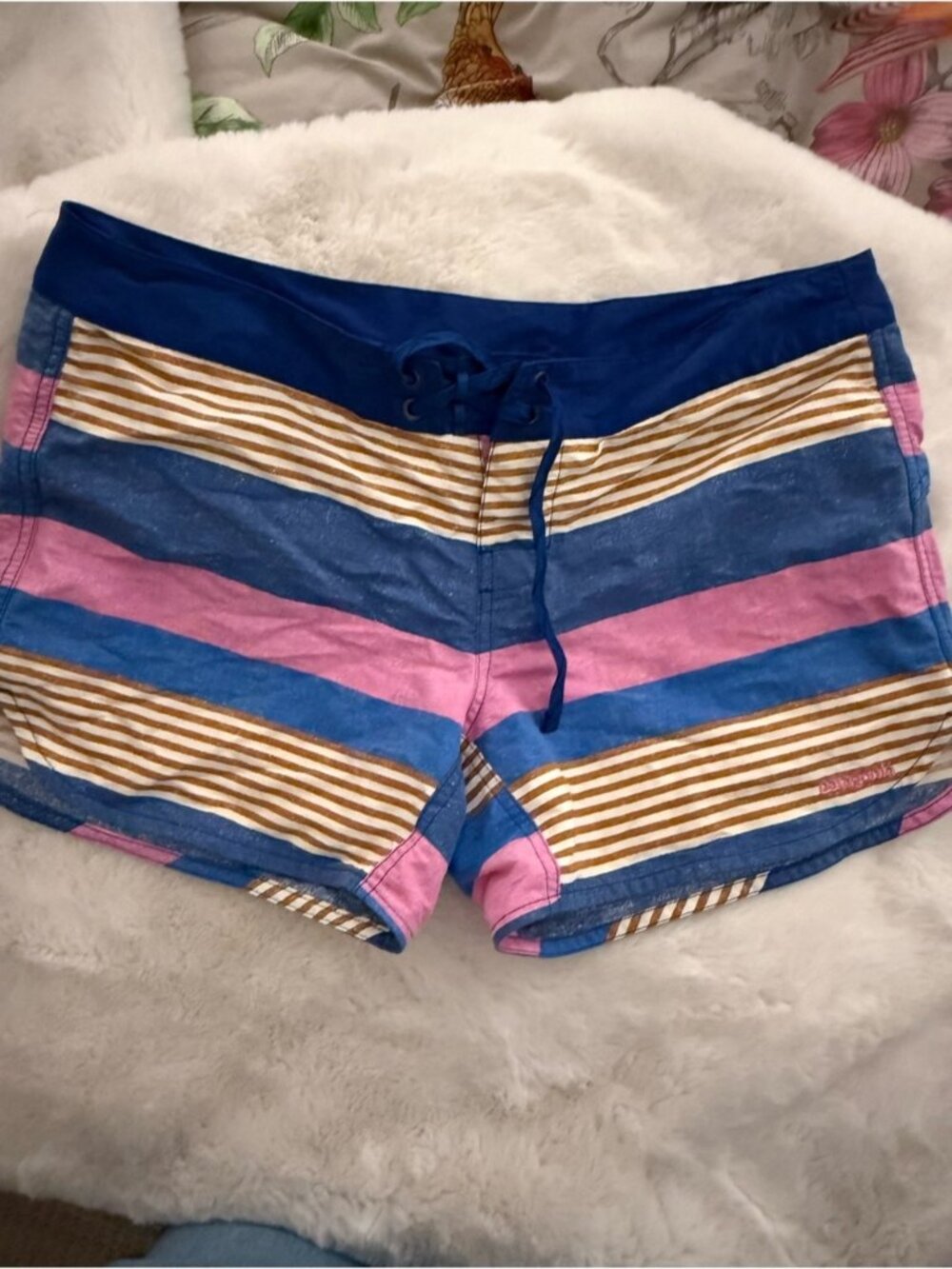 Patagonia Blue, Pink & Tan Striped Board Shorts